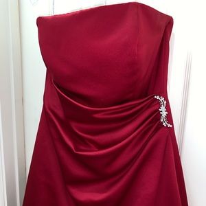 David's Bridal Satin Gown with Side Drape & Brooch